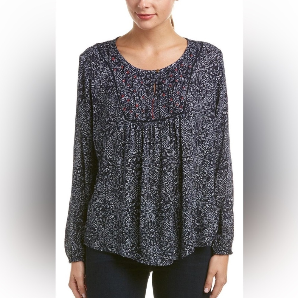 Velvet by Graham & Spencer Blue White Abstract Print Casual Boho Top Medium